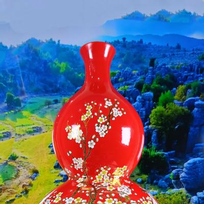 Bình Hồ Lô Men Đỏ - Hoạ Tiết Chim Hoa Đào - Gốm Sứ Trung Quốc